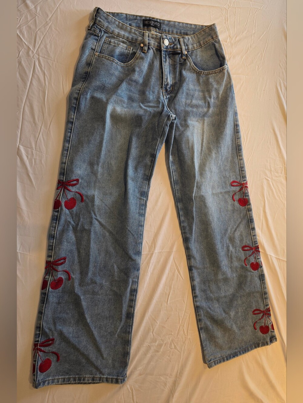 Reserved Men's Blue Denim Jeans with Red Embroidered Cherries